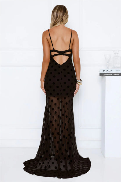 Sultry Polka Dot Velvet Maxi Dress Black