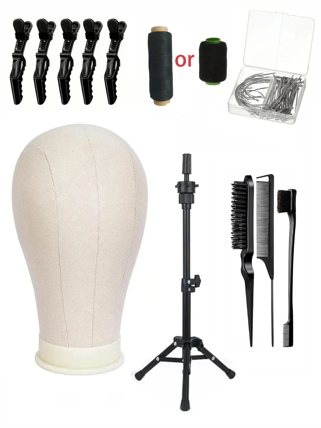 Complete Wig Styling Kit for Beginners, Includes 22-Inch Mannequin Head, Tripod Stand, T-Pins, Combs and Brushes, Halloween Ready Wig Installation Tool Set, Wig Styling Equipment