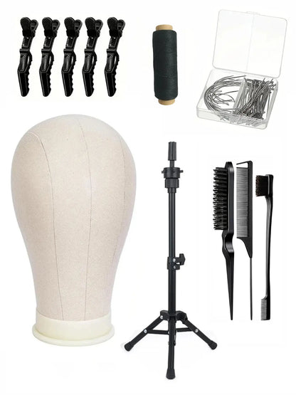 Complete Wig Styling Kit for Beginners, Includes 22-Inch Mannequin Head, Tripod Stand, T-Pins, Combs and Brushes, Halloween Ready Wig Installation Tool Set, Wig Styling Equipment