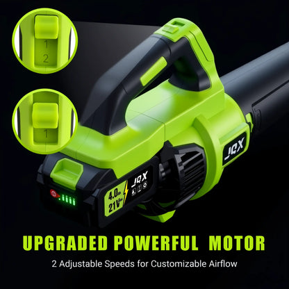 Cordless Electric Leaf Blower/Snow Blower Features a 21V 4000mah battery and quick charger Turbo dual-speed motor Lightweight handheld design with extended nozzle Efficiently clears leaves, snow, and dust