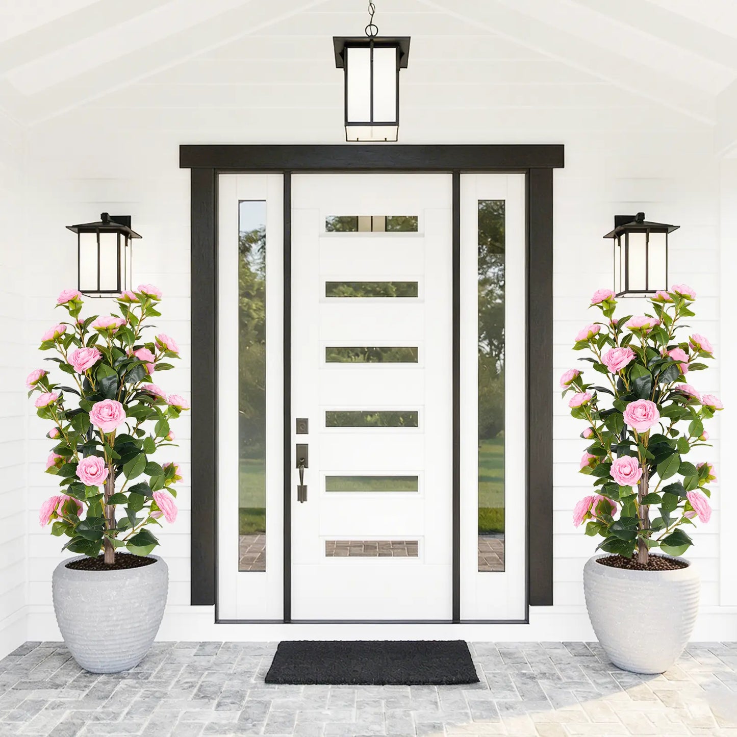 36" Artificial Camellia Tree with Ground Spike, 2Pack PINK Faux Camellia Flower UV Resistant Floral Blooming Bush for Indoor Outdoor Wedding Front Door Porch Garden Backyard Garden Artificial plant