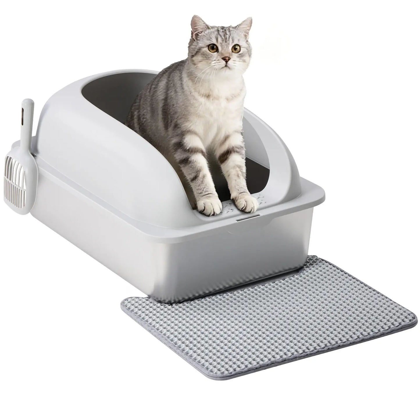 Stainless Steel Covered Sifting Litter Box - High-Sided Metal Design with Lid for Big Cats, Anti-Urine Leakage, Easy-Clean, Includes Scoop and Mat, Stainless Steel Sifting Litter Box, Covered Litter Box