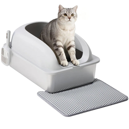 Stainless Steel Covered Sifting Litter Box - High-Sided Metal Design with Lid for Big Cats, Anti-Urine Leakage, Easy-Clean, Includes Scoop and Mat, Stainless Steel Sifting Litter Box, Covered Litter Box
