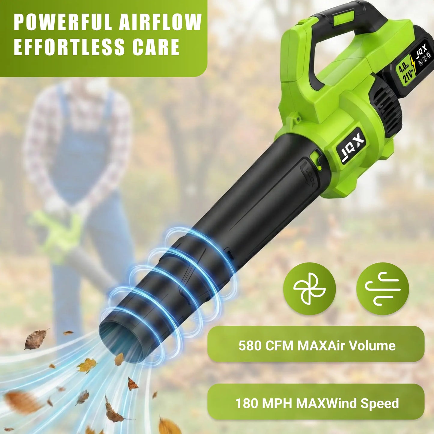 Cordless Electric Leaf Blower/Snow Blower Features a 21V 4000mah battery and quick charger Turbo dual-speed motor Lightweight handheld design with extended nozzle Efficiently clears leaves, snow, and dust