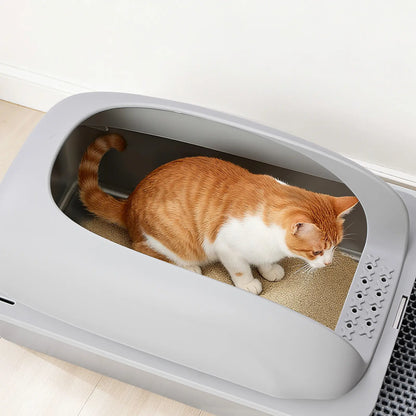 Stainless Steel Covered Sifting Litter Box - High-Sided Metal Design with Lid for Big Cats, Anti-Urine Leakage, Easy-Clean, Includes Scoop and Mat, Stainless Steel Sifting Litter Box, Covered Litter Box