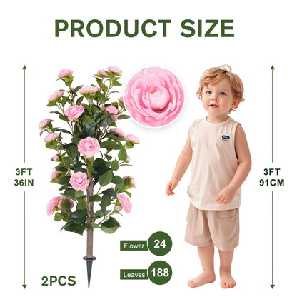 36" Artificial Camellia Tree with Ground Spike, 2Pack PINK Faux Camellia Flower UV Resistant Floral Blooming Bush for Indoor Outdoor Wedding Front Door Porch Garden Backyard Garden Artificial plant