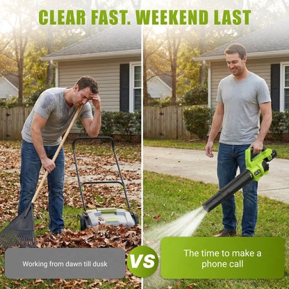 Cordless Electric Leaf Blower/Snow Blower Features a 21V 4000mah battery and quick charger Turbo dual-speed motor Lightweight handheld design with extended nozzle Efficiently clears leaves, snow, and dust