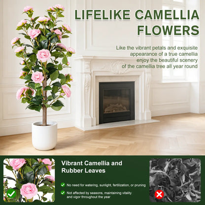 36" Artificial Camellia Tree with Ground Spike, 2Pack PINK Faux Camellia Flower UV Resistant Floral Blooming Bush for Indoor Outdoor Wedding Front Door Porch Garden Backyard Garden Artificial plant