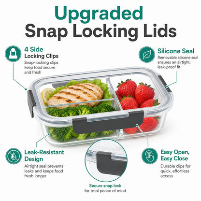 10-Pack (72oz) Borosilicate Glass Meal Prep Containers with Airtight Lids, 3 Compartment Glass Lunch Containers, Food Prep Lunch Box, Bento Box, Microwave, Oven, Freezer & Dishwasher Safe, Leakproof, Food Storage, Meal Preps For The Week, Easy Meals