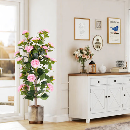 36" Artificial Camellia Tree with Ground Spike, 2Pack PINK Faux Camellia Flower UV Resistant Floral Blooming Bush for Indoor Outdoor Wedding Front Door Porch Garden Backyard Garden Artificial plant