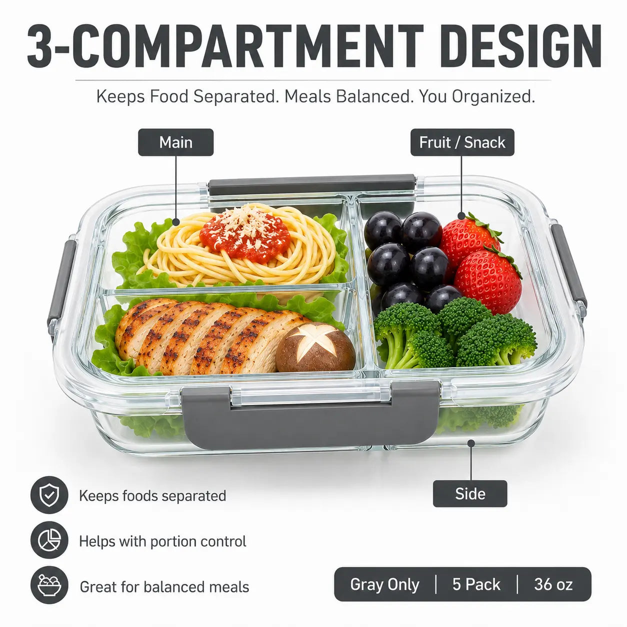 10-Pack (72oz) Borosilicate Glass Meal Prep Containers with Airtight Lids, 3 Compartment Glass Lunch Containers, Food Prep Lunch Box, Bento Box, Microwave, Oven, Freezer & Dishwasher Safe, Leakproof, Food Storage, Meal Preps For The Week, Easy Meals