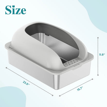 Stainless Steel Covered Sifting Litter Box - High-Sided Metal Design with Lid for Big Cats, Anti-Urine Leakage, Easy-Clean, Includes Scoop and Mat, Stainless Steel Sifting Litter Box, Covered Litter Box