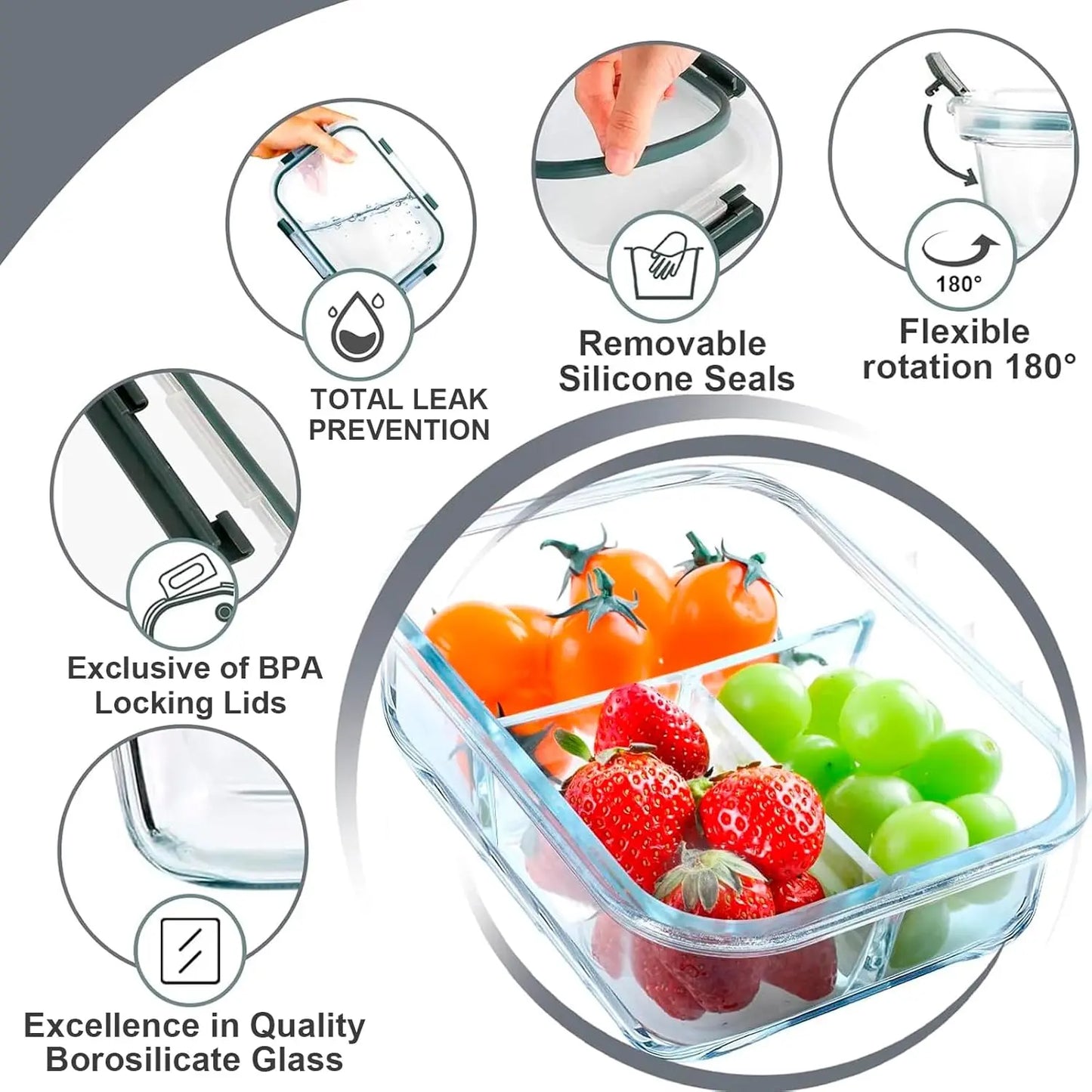 10-Pack (72oz) Borosilicate Glass Meal Prep Containers with Airtight Lids, 3 Compartment Glass Lunch Containers, Food Prep Lunch Box, Bento Box, Microwave, Oven, Freezer & Dishwasher Safe, Leakproof, Food Storage, Meal Preps For The Week, Easy Meals