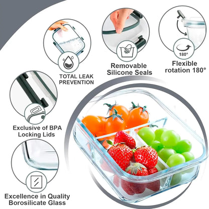 10-Pack (72oz) Borosilicate Glass Meal Prep Containers with Airtight Lids, 3 Compartment Glass Lunch Containers, Food Prep Lunch Box, Bento Box, Microwave, Oven, Freezer & Dishwasher Safe, Leakproof, Food Storage, Meal Preps For The Week, Easy Meals