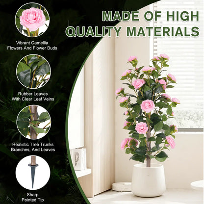 36" Artificial Camellia Tree with Ground Spike, 2Pack PINK Faux Camellia Flower UV Resistant Floral Blooming Bush for Indoor Outdoor Wedding Front Door Porch Garden Backyard Garden Artificial plant