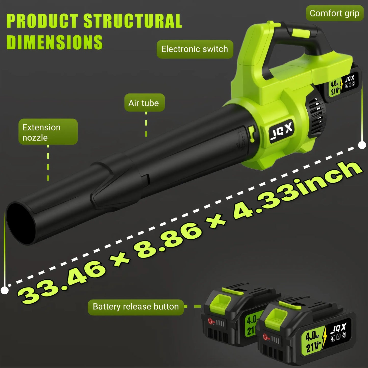 Cordless Electric Leaf Blower/Snow Blower Features a 21V 4000mah battery and quick charger Turbo dual-speed motor Lightweight handheld design with extended nozzle Efficiently clears leaves, snow, and dust