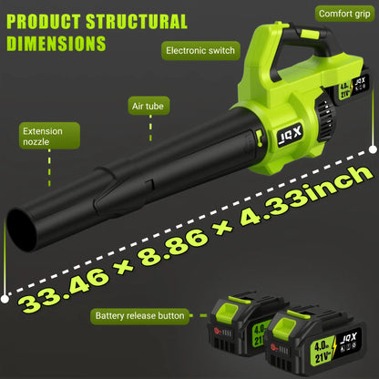 Cordless Electric Leaf Blower/Snow Blower Features a 21V 4000mah battery and quick charger Turbo dual-speed motor Lightweight handheld design with extended nozzle Efficiently clears leaves, snow, and dust