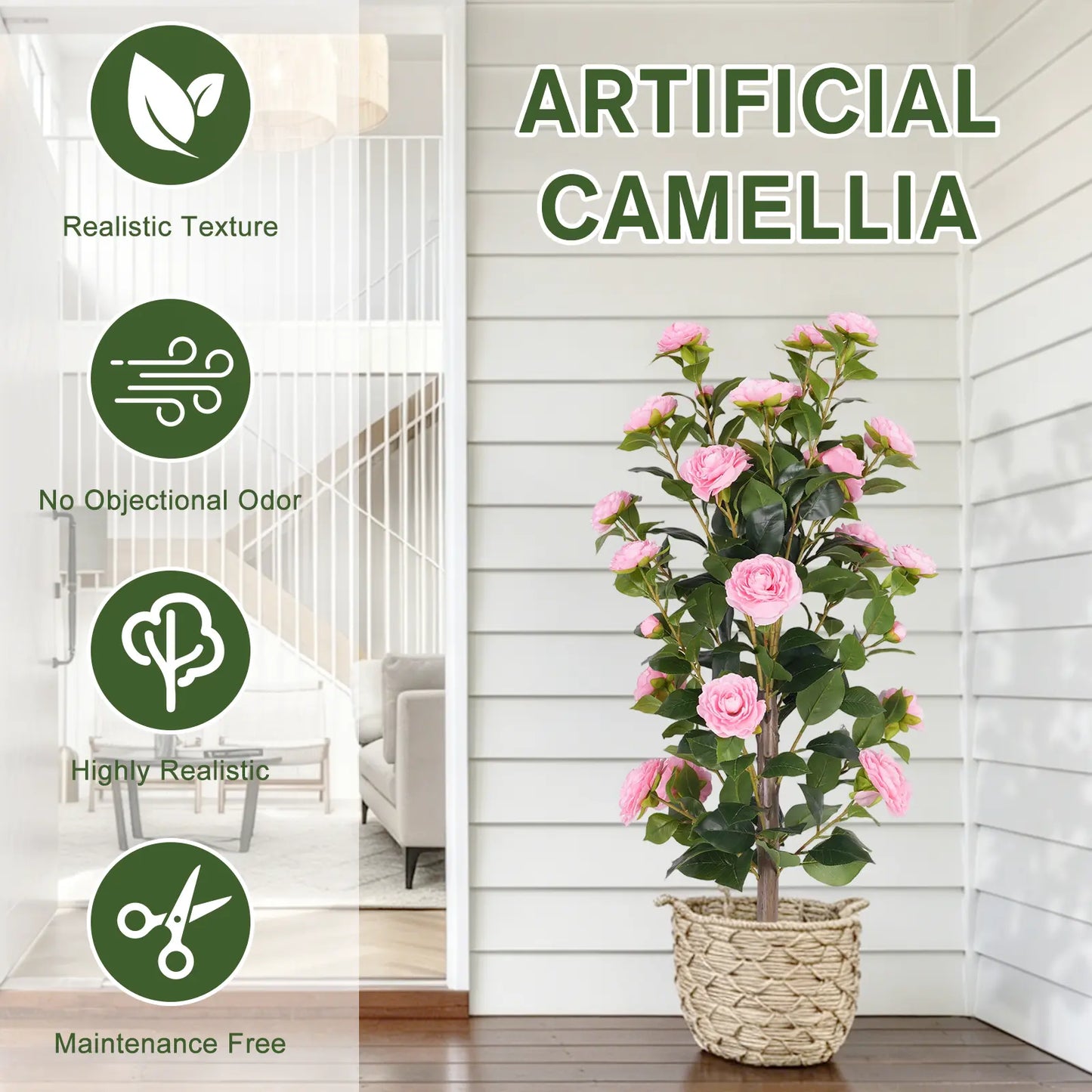 36" Artificial Camellia Tree with Ground Spike, 2Pack PINK Faux Camellia Flower UV Resistant Floral Blooming Bush for Indoor Outdoor Wedding Front Door Porch Garden Backyard Garden Artificial plant
