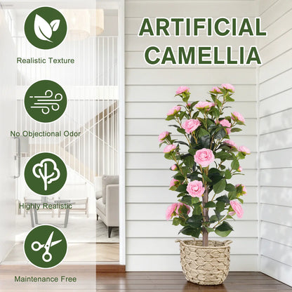 36" Artificial Camellia Tree with Ground Spike, 2Pack PINK Faux Camellia Flower UV Resistant Floral Blooming Bush for Indoor Outdoor Wedding Front Door Porch Garden Backyard Garden Artificial plant