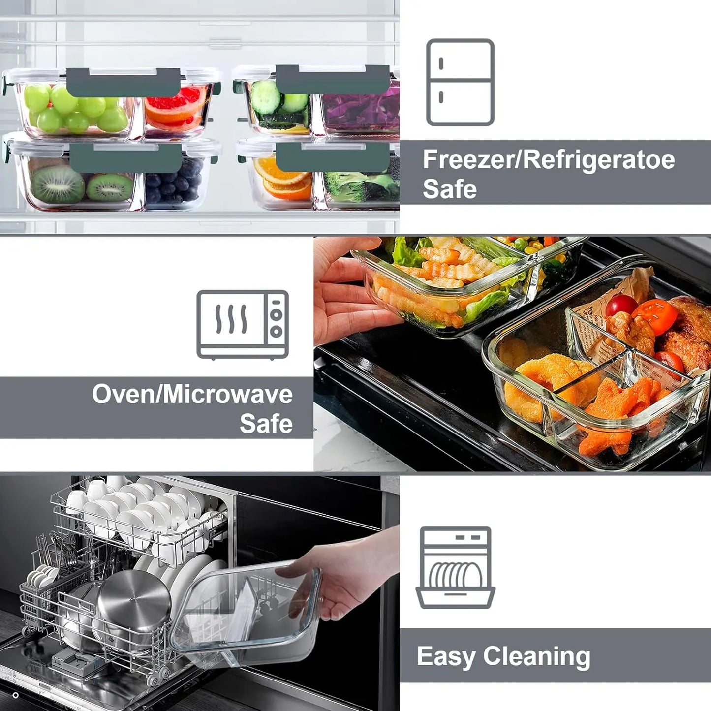 10-Pack (72oz) Borosilicate Glass Meal Prep Containers with Airtight Lids, 3 Compartment Glass Lunch Containers, Food Prep Lunch Box, Bento Box, Microwave, Oven, Freezer & Dishwasher Safe, Leakproof, Food Storage, Meal Preps For The Week, Easy Meals