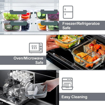 10-Pack (72oz) Borosilicate Glass Meal Prep Containers with Airtight Lids, 3 Compartment Glass Lunch Containers, Food Prep Lunch Box, Bento Box, Microwave, Oven, Freezer & Dishwasher Safe, Leakproof, Food Storage, Meal Preps For The Week, Easy Meals