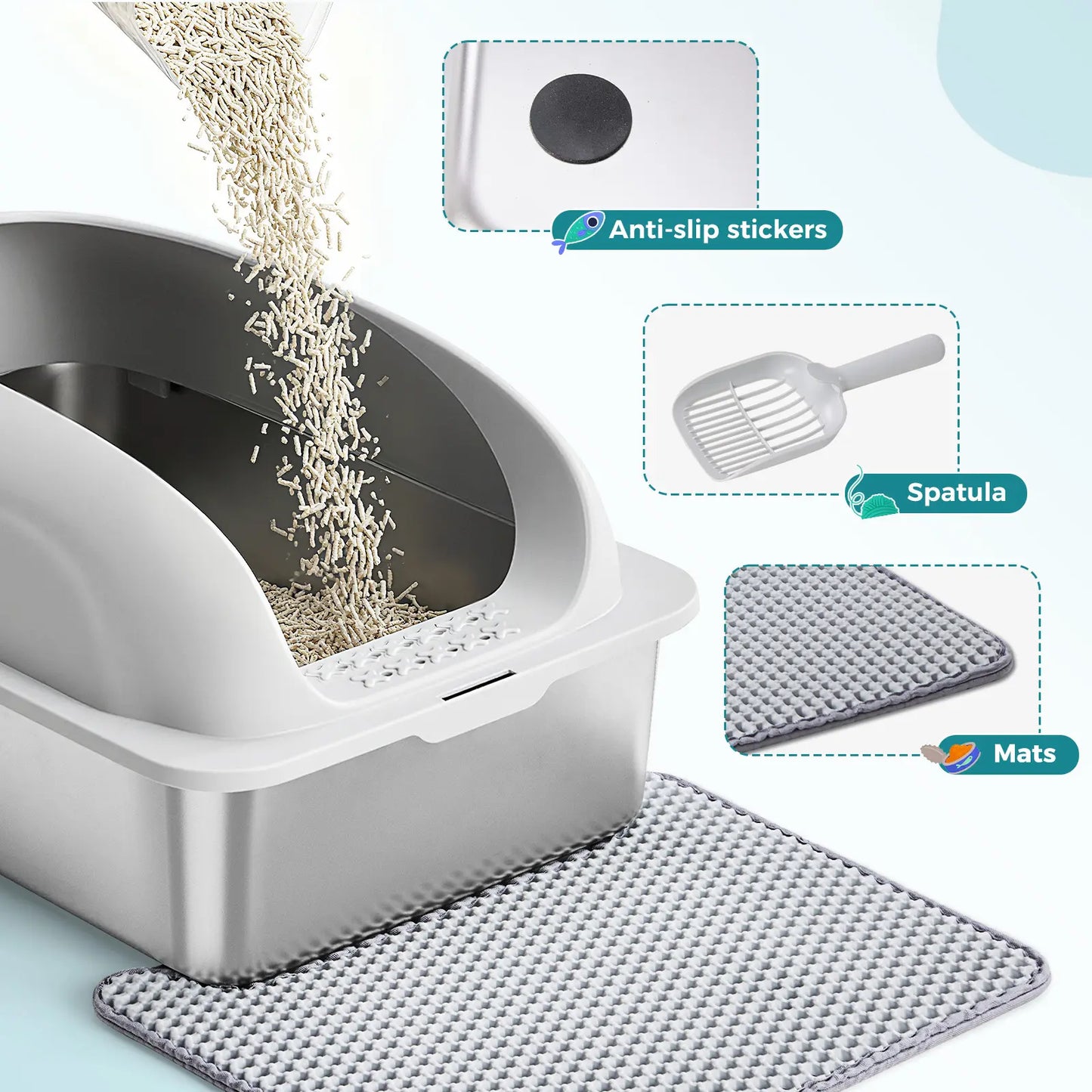 Stainless Steel Covered Sifting Litter Box - High-Sided Metal Design with Lid for Big Cats, Anti-Urine Leakage, Easy-Clean, Includes Scoop and Mat, Stainless Steel Sifting Litter Box, Covered Litter Box