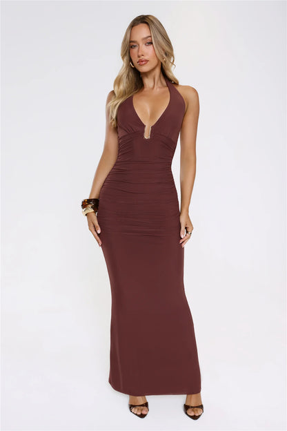 Sultry Ruched Halter Maxi Dress Chocolate