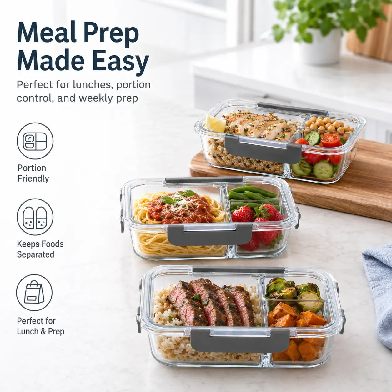 10-Pack (72oz) Borosilicate Glass Meal Prep Containers with Airtight Lids, 3 Compartment Glass Lunch Containers, Food Prep Lunch Box, Bento Box, Microwave, Oven, Freezer & Dishwasher Safe, Leakproof, Food Storage, Meal Preps For The Week, Easy Meals