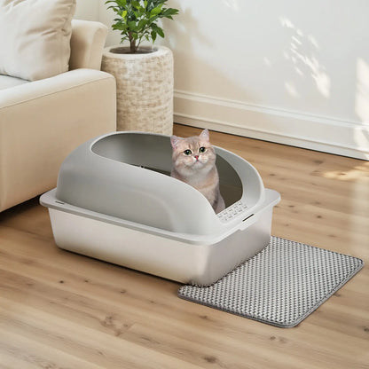 Stainless Steel Covered Sifting Litter Box - High-Sided Metal Design with Lid for Big Cats, Anti-Urine Leakage, Easy-Clean, Includes Scoop and Mat, Stainless Steel Sifting Litter Box, Covered Litter Box