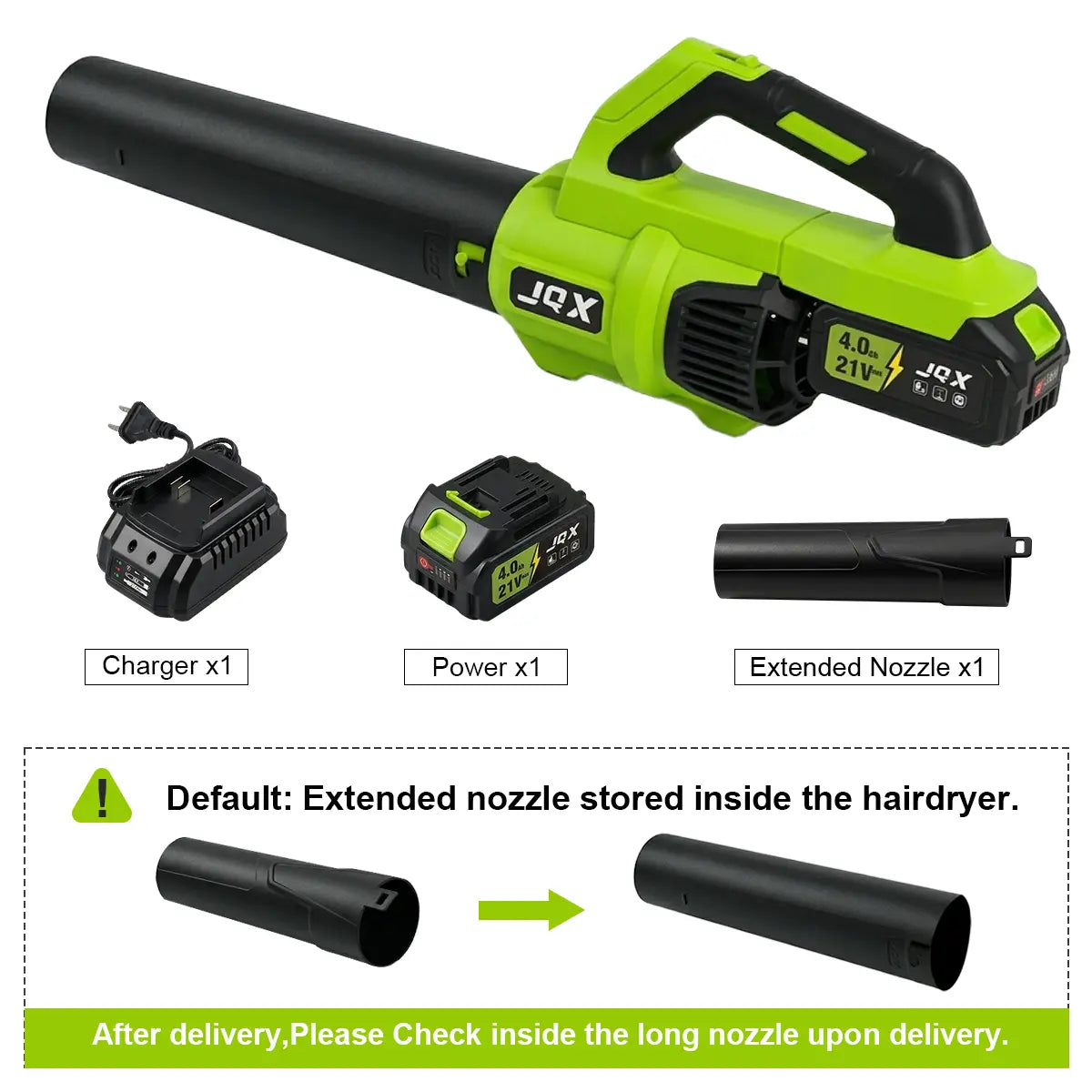 Cordless Electric Leaf Blower/Snow Blower Features a 21V 4000mah battery and quick charger Turbo dual-speed motor Lightweight handheld design with extended nozzle Efficiently clears leaves, snow, and dust
