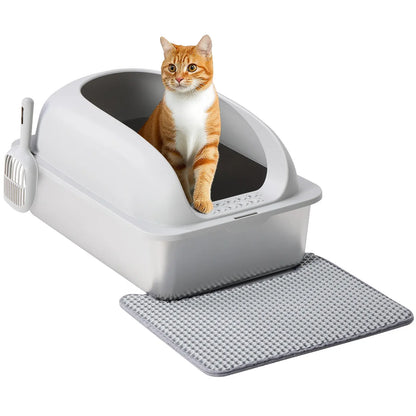 Stainless Steel Covered Sifting Litter Box - High-Sided Metal Design with Lid for Big Cats, Anti-Urine Leakage, Easy-Clean, Includes Scoop and Mat, Stainless Steel Sifting Litter Box, Covered Litter Box