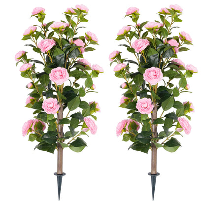 36" Artificial Camellia Tree with Ground Spike, 2Pack PINK Faux Camellia Flower UV Resistant Floral Blooming Bush for Indoor Outdoor Wedding Front Door Porch Garden Backyard Garden Artificial plant