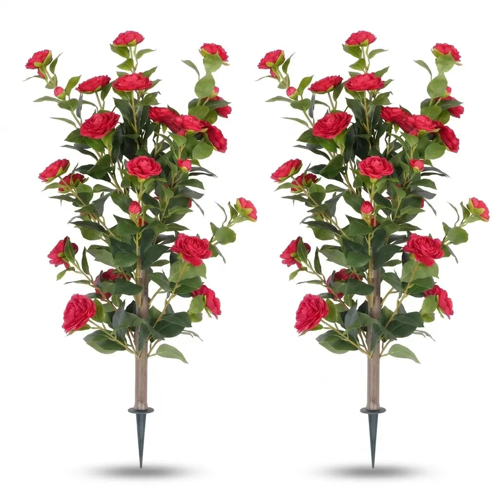 36" Artificial Camellia Tree with Ground Spike, 2Pack PINK Faux Camellia Flower UV Resistant Floral Blooming Bush for Indoor Outdoor Wedding Front Door Porch Garden Backyard Garden Artificial plant