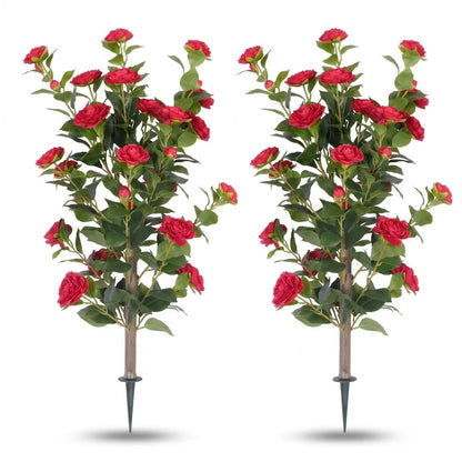 36" Artificial Camellia Tree with Ground Spike, 2Pack PINK Faux Camellia Flower UV Resistant Floral Blooming Bush for Indoor Outdoor Wedding Front Door Porch Garden Backyard Garden Artificial plant