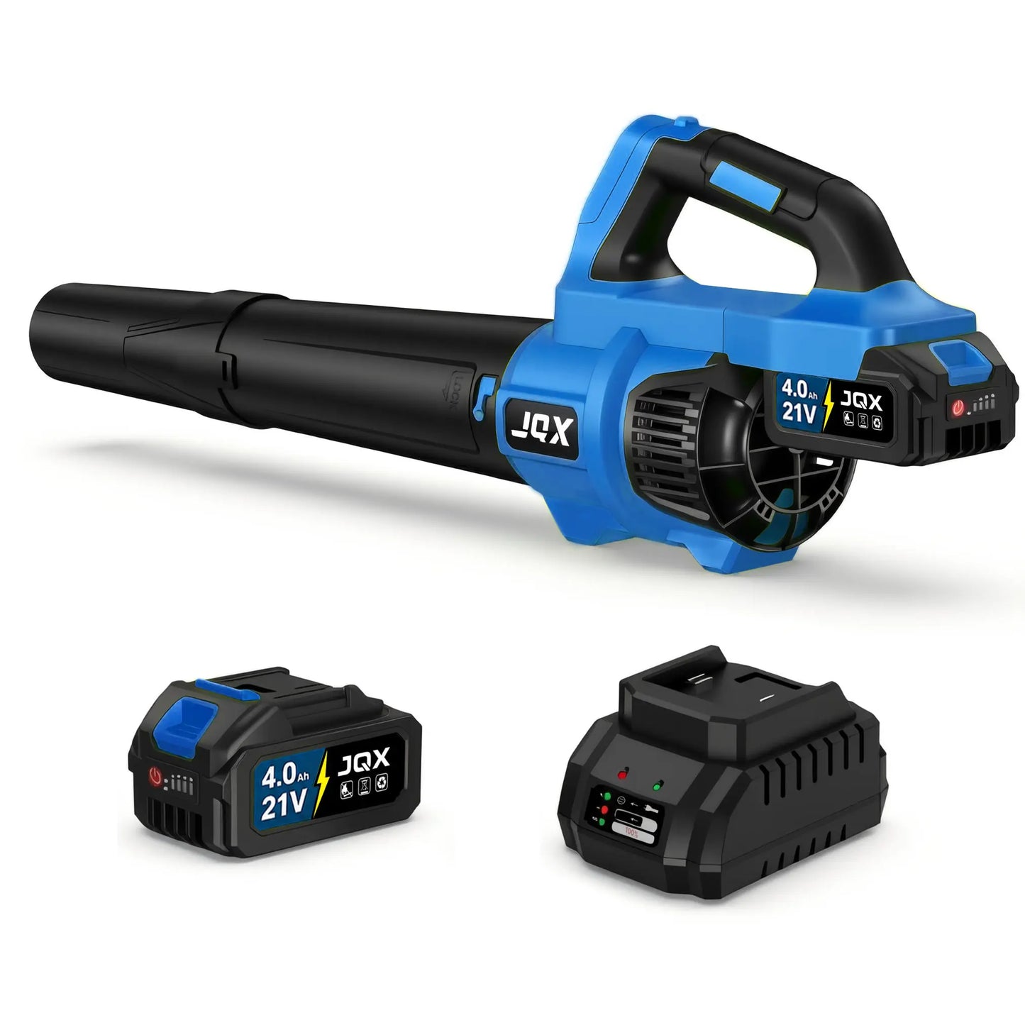 Cordless Electric Leaf Blower/Snow Blower Features a 21V 4000mah battery and quick charger Turbo dual-speed motor Lightweight handheld design with extended nozzle Efficiently clears leaves, snow, and dust