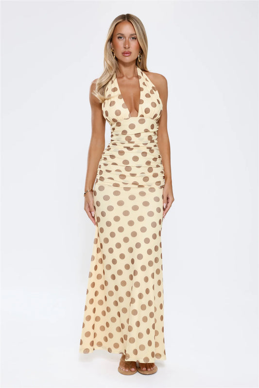 Nightlife Icon Halter Polka Dot Maxi Dress Yellow