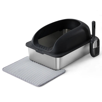 Stainless Steel Covered Sifting Litter Box - High-Sided Metal Design with Lid for Big Cats, Anti-Urine Leakage, Easy-Clean, Includes Scoop and Mat, Stainless Steel Sifting Litter Box, Covered Litter Box