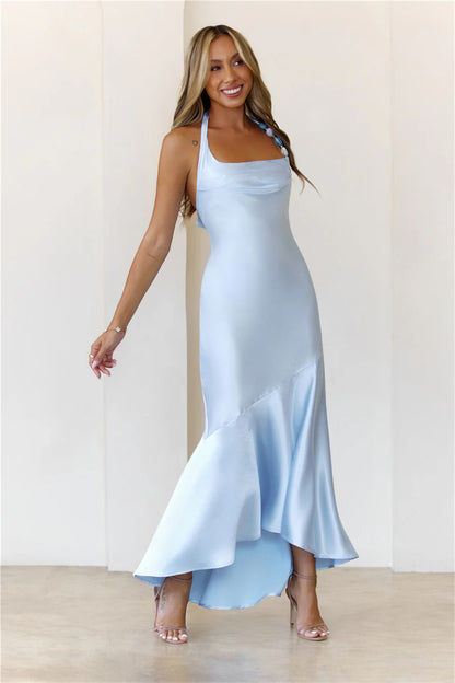 Shimmer Crystal Satin Halter Maxi Dress Blue