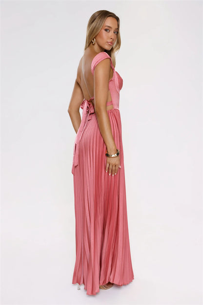 Satin Glow Pleated Maxi Dress Rose