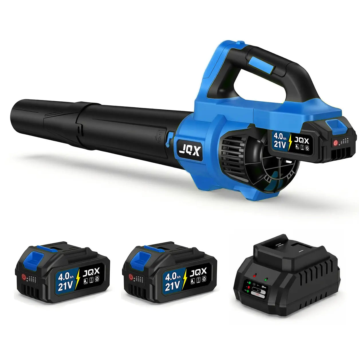 Cordless Electric Leaf Blower/Snow Blower Features a 21V 4000mah battery and quick charger Turbo dual-speed motor Lightweight handheld design with extended nozzle Efficiently clears leaves, snow, and dust