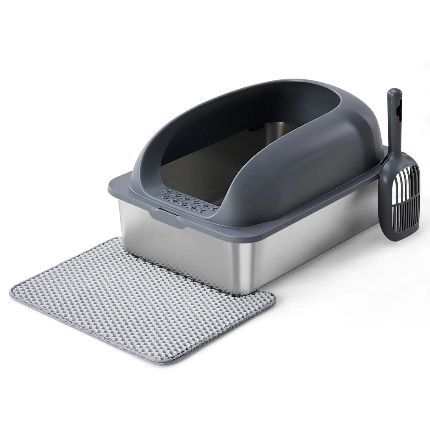 Stainless Steel Covered Sifting Litter Box - High-Sided Metal Design with Lid for Big Cats, Anti-Urine Leakage, Easy-Clean, Includes Scoop and Mat, Stainless Steel Sifting Litter Box, Covered Litter Box