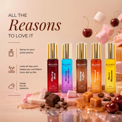 Bellavita Luxury Gourmand Trend Series | 5 Dessert-Inspired Fragrance Set | Steamy Coffee, Bare Banana, Caramel Crush, Dreamy Marshmallow & Cherry Lust | Long-Lasting Women's Fragrances | Perfect Gift for Her