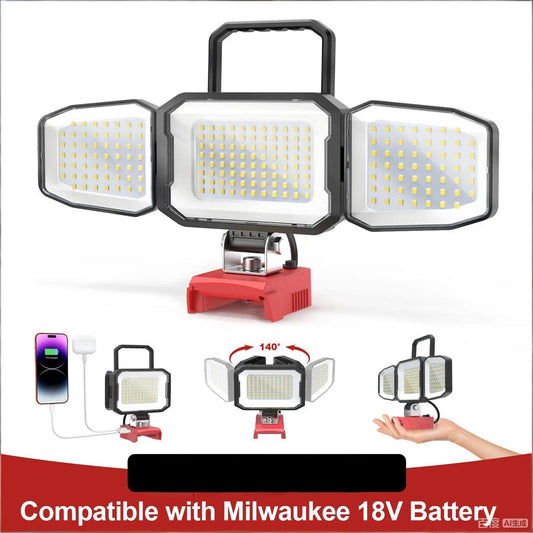 3-Head Cordless LED Work Light Compatible with Milwauke 18V Battery, Battery NOT Included, 70W 7000Lumen Dimmable Spotlight with 2 Modes, USB & Type-C Charging Port , Portable Lighting for Garage, Workshop, Yard & Outdoor Use