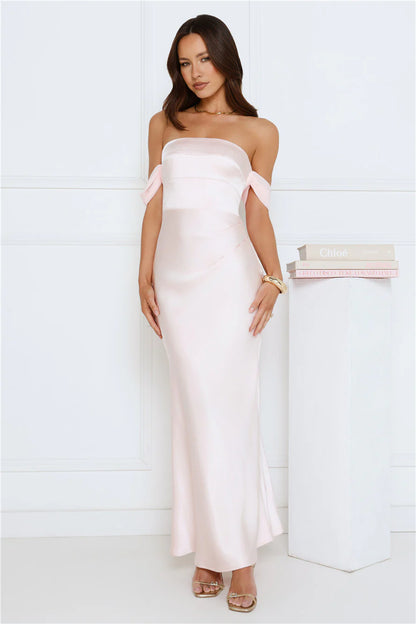 Hot Girl Diaries Off Shoulder Satin Maxi Dress Pink