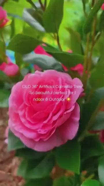 36" Artificial Camellia Tree with Ground Spike, 2Pack PINK Faux Camellia Flower UV Resistant Floral Blooming Bush for Indoor Outdoor Wedding Front Door Porch Garden Backyard Garden Artificial plant